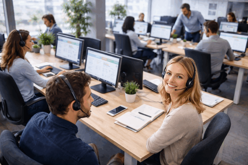 Öppet kontorslandskap med säljteam som arbetar tillsammans i ett modernt call center