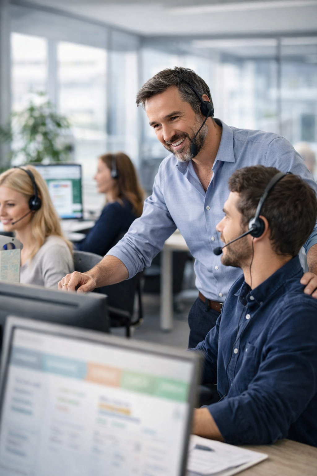 Säljledare som coachar säljare vid sina arbetsplatser i ett modernt kontor